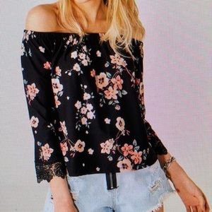 Black floral off shoulder top, 3/4 lace sleeves